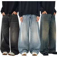 Washed Denim Jeans – Relaxed Straight Leg Pants 85.9% Cotton Distressed & Whisker Details Mid Rise Fit 