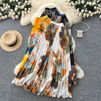 Retro Print Pleated Skirt High Waist Line Midi Skirt Elastic Waist Commuter Flowing Long Fashionable Summer Skirt