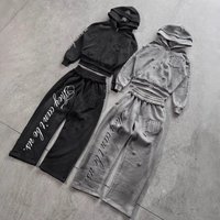 Fashion Hoodie Ripped Straight Leg Pants Set Trendy Streetwear Zip Up Double Hood Sweatshirt