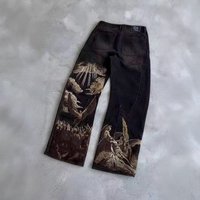 Harajuku Retro Bat Pattern Print Loose Jeans Y2K Street Lazy Pants Men's Cross Border Denim