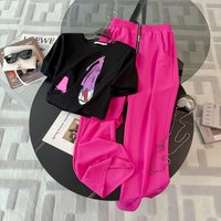 Women’s Summer Two-Piece Set – Black Short Sleeve T-Shirt & Pink Wide Leg Pants, Casual Sporty Outfit