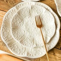 French Style Embossed Ceramic Plate Set – Elegant Round Plain Dinnerware Coffee Tea & Hotel Dining
