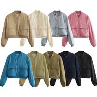Women's Clothing stand collar double pocket solid color motorcycle pilot jacket coat tops women 8BS9621