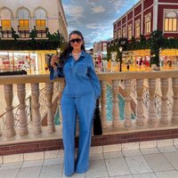 Clothing Denim Suits Long Sleeved Lapel Pocket Tops Lace Up Straight Trousers Two Piece Set European American Style