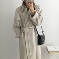 Clothing retro suit collar tie waist loose mid length woolen coat coat