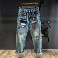 Men’s Distressed Embroidered Straight-Leg Jeans – Relaxed Fit Patchwork Denim Pants With Vintage Wash