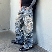 Summer Illusion Distressed 3D Printed Digital Jeans Loose Trendy Design Versatile Long Pants