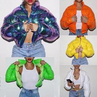 Puff Sleeve Winter Coat Shiny Quilted Jacket Stand Collar Lightweight Warmth Trendy Streetwear & Office Wear