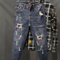 Fashion 2025 Luxury Fashion Pants Korean Style Jeans Washed Cat Whisker Holes Colorful Paint Splatters Slim Trousers