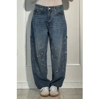 Glitter Star Embellished High-Waist Jeans For Women – Stylish Stretch Denim Pants With Rhinestone Details, Straight Leg Fit
