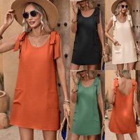 crew neck casual wear sleeveless tank dress embellished buckle sleeveless dress short