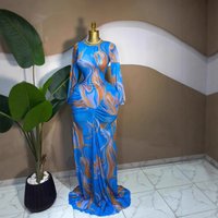 Long Sleeve Chiffon Ruffle Dress Elegant Floral Print Party Gown Sheer Mesh
