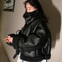 ELLE Autumn Winter Sheepskin Biker Lamb Wool Korean Style Fleece Lined Leather Jacket Short Coat