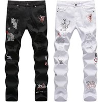 high street fashion brand ripped embroidery printed white slim straight small straight personalized graffiti jeans