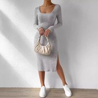 Women's Clothing Autumn And Winter Square Collar Long Sleeve Hem Slit Jacquard Brushed Dress