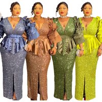 Elegant High Waist Sequin Evening Dress – Plus Glamorous Party Gown Floral Sleeves & Deep V Neck