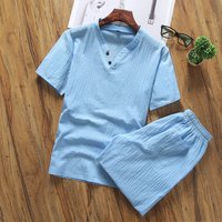 Clothing Short Sleeved T Shirt Cotton Linen Suit Summer Solid V Neck Fashion Casual Two Piece Suit