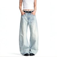Cross Studded Washed Distressed Curved Blade Jeans Retro Design Casual Loose Fitting Long Pants