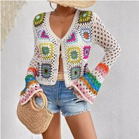 Clothing Retro Ethnic Style Hook Flower Long Sleeved Cardigan Hand Knitted Sweater Hollow Knitted Top