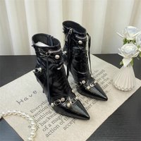 Pointed Toe Rivet Short 2024 Autumn Winter Black Side Zipper Fashion High Heel Punk Style Motorcycle Boots