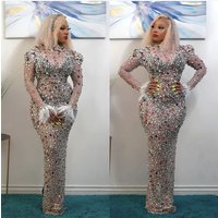 Clothing source custom high end rhinestone mesh elastic sexy slim dress