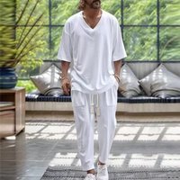 Men's Clothing Spring And Autumn Men's Cotton And Linen V Neck T Shirt Casual Short Sleeved Trousers Beach Suit