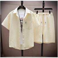 Men's Clothing Summer Ice Silk Suit For Men, Handsome Trendy Short-sleeved Shirt And Shorts, A Set Of Plaid Thin Sports And Leisure Two-piece Suit