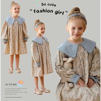 Mother & Kids French flower contrast lapel temperament girl dress 2024 autumn style pure cotton long sleeve lace sweet princess dress