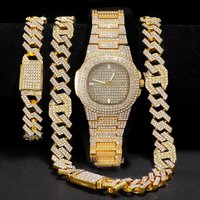 Hip Hop Diamond Watch Set Necklace Bracelet Quartz Calendar Timepiece 3 Piece Jewelry Collection Stainless Steel Alloy Luxury Accessories