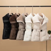  Quilted Puffer Vest Faux Shearling Collar Slim Fit Waist Cinching Jacket Winter Lightweight Warm Coat