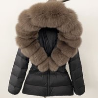 Luxury Faux Fur Trim Hooded Down Jacket For Women, Slim Fit Waist Belt, Warm Winter Coat With Detachable Fox Fur Collar, Polyester Shell