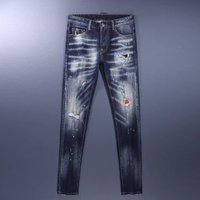 Men's Slim Fit Skinny Jeans Trendy Ripped Distressed Blue Washed Paint Print American Street Style
