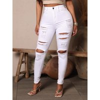 K New Black And White Elastic Ripped Jeans For Women's Legs