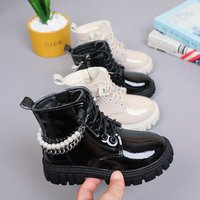 Girls' Pearl Chain Princess Leather Boots Soft Sole Black Ankle Martin Boots Spring Autumn Trendy Children's Single Footwear