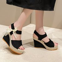 Long Ter Woens Sandals Slope Heel Lace Fish Mouth Feale Velcro One Line Buckle Elastic Cake Thick