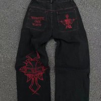 Y2K Jeans Harajuku Hip Hop Retro Skull Graphic Embroidered Baggy Jeans Denim Pants Goth High Waist Wide Trousers
