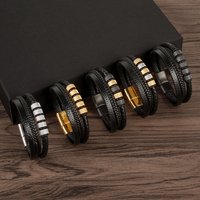 Trendy Creative Double-Layer Stainless Steel Cylinder Knurled Leather Bracelet Men’s Woven Simple Hand Rope