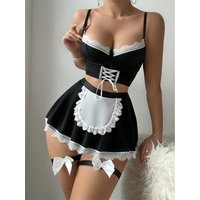 Clothing Sexy Lingerie Passion Uniform Temptation Maid Outfit Bra Short Skirt Thong Three Piece Set