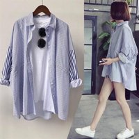 Clothing Autumn striped shirt mid length long sleeved large student versatile loose boyfriend style jacket village clothes