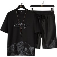 Short Sleeved T Shirt Suit Snow Mountain Print Fashion Trend Slim Fit Large Sports Two Piece Set