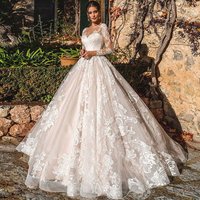 Elegant Long-Sleeve Lace Wedding Dress With Train – Romantic A-Line Bridal Gown For Bride