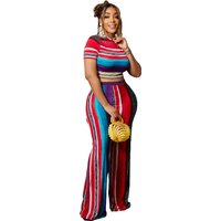 fashion navel baring striped wide leg pants two piece set