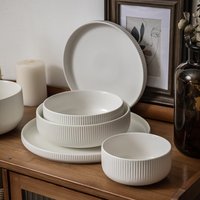 Dika Series Nordic Ceramic Dinnerware – White Embossed Plates & Bowls (Minimalist Retro Style For Everyday Dining)