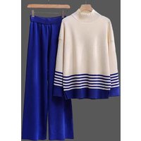 Elegant Knit Top & Wide Leg Pants Set Casual Office Wear Striped & Blocked Soft Polyester Blend Versatile Matching Outfit
