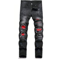 Men's Clothing Ripped Black Jeans Men's Spot Korean Version Basic Straight Type Hand Painted