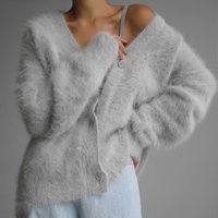  Oversized V Neck Faux Fur Knit Cardigan Long Sleeve Casual Open Front Sweater Coat Fall & Winter