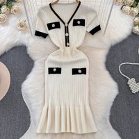 Women’s Clothing Temperament Elegant V Neck Fishtail Skirt Female New Waist Slim Design Knitted Dress