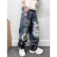 Retro Street Graffiti Print Ripped Jeans Trendy Loose Hip Hop Wide Leg Trousers