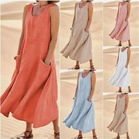 Pocket Sleeveless Round Neck Cotton Hemp Dress