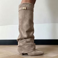 stock 2026 Foreign Trade Shoes Pointed Toe Straight cut Pleated Metal Buckle Mid length Boots Large